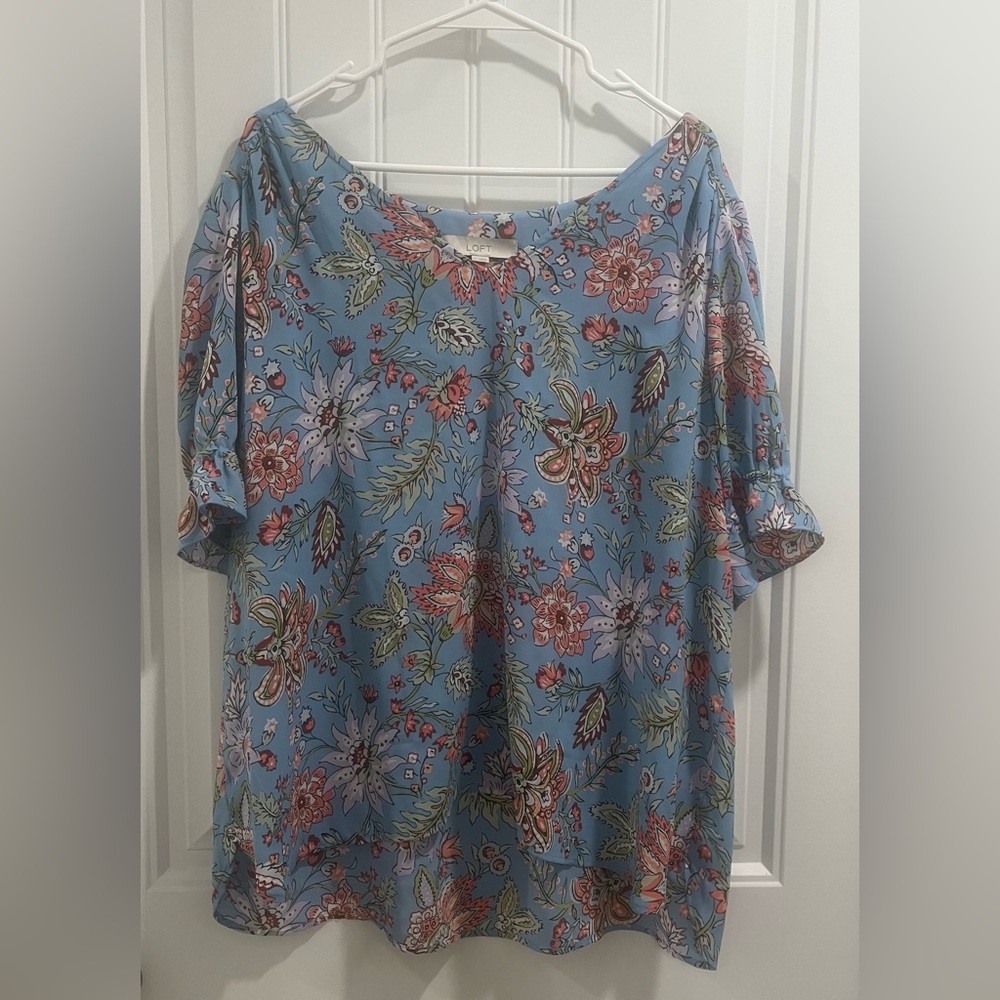 LOFT Gray and Orange Relaxed Ruffled Blouse
